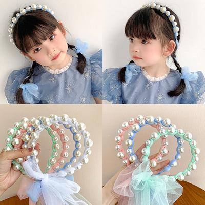 Kids Girls Pearl Headbands Mesh Bow Headwear