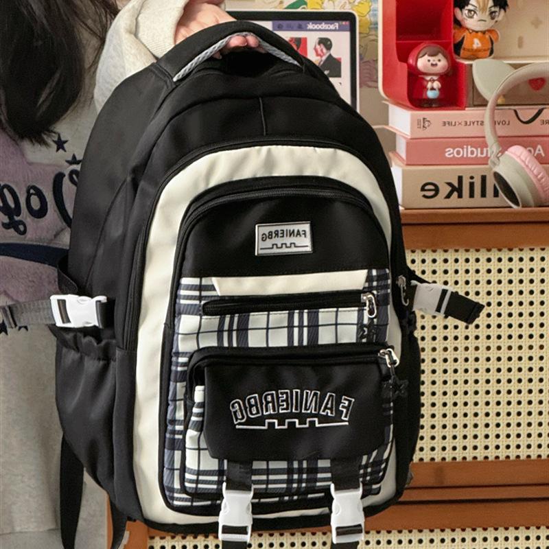 Schoolbag new large-capacity student schoolbag plaid contrasting color college style multi-layer backpack travel junior high school backpack