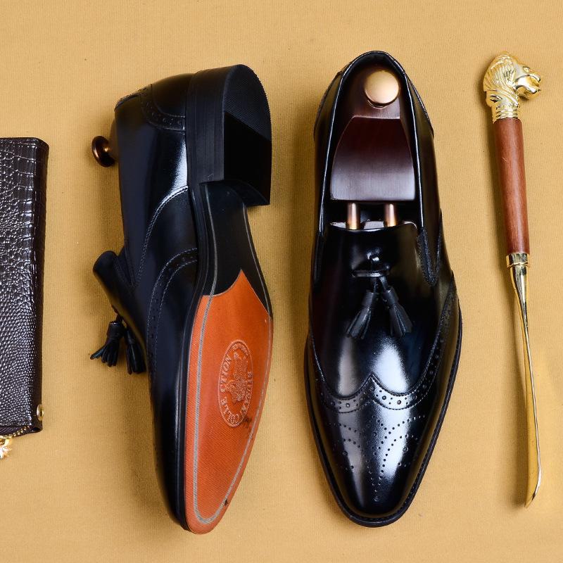 Pantofi Brogue cu Ciucuri, Bărbați, Piele Naturală, Cioplit Manual, Formal-Casual - Retro, Design Ascuțit