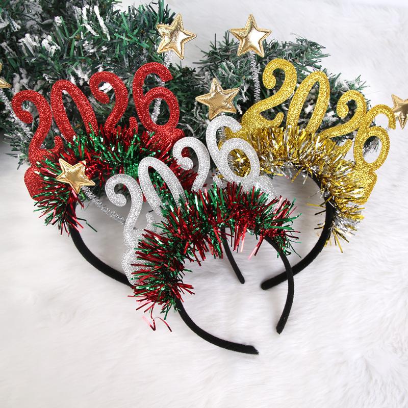 1/2Pcs 2026 New Year Headband Kids Adult Glitter Hair Accessories Funny Glasses Photo Props Christmas Decoration Gifts