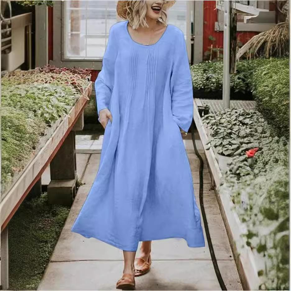 Women's Crew Neck Long Sleeve Linen Maxi Dress Loose Pleated Side Pocket Solid A Line Long Casual Robe 2023 Autumn European American Fashion