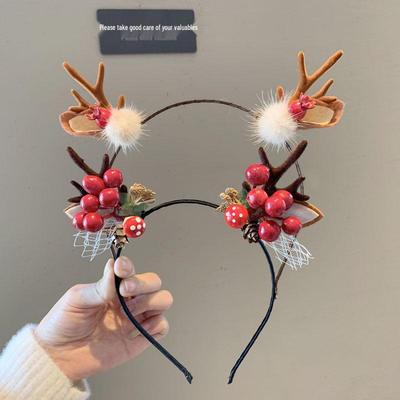 Reindeer Antler Headband with Pom-Pom Hair Clips - Christmas Hair Accessories for Women and Kids