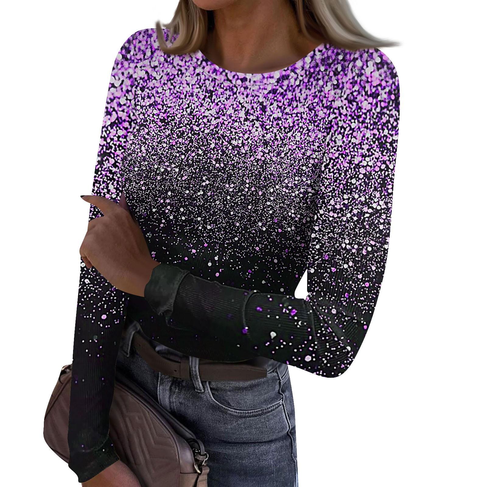 

Женская и зимняя футболка с тонким низом, модная повседневная футболка с градиентным принтом и круглым вырезом, пуловер с длинным рукавом S фиолетовый