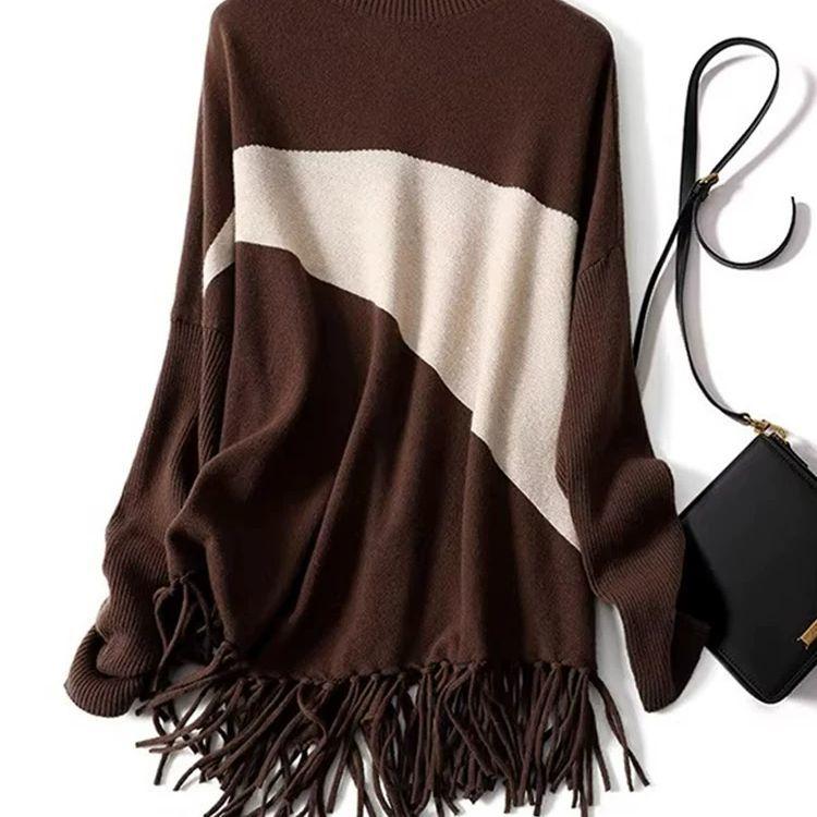 Lazy Tassel Contrast Color Sweater Autumn and Winter Temperament Women's Loose Turtleneck Bottoming Sweater