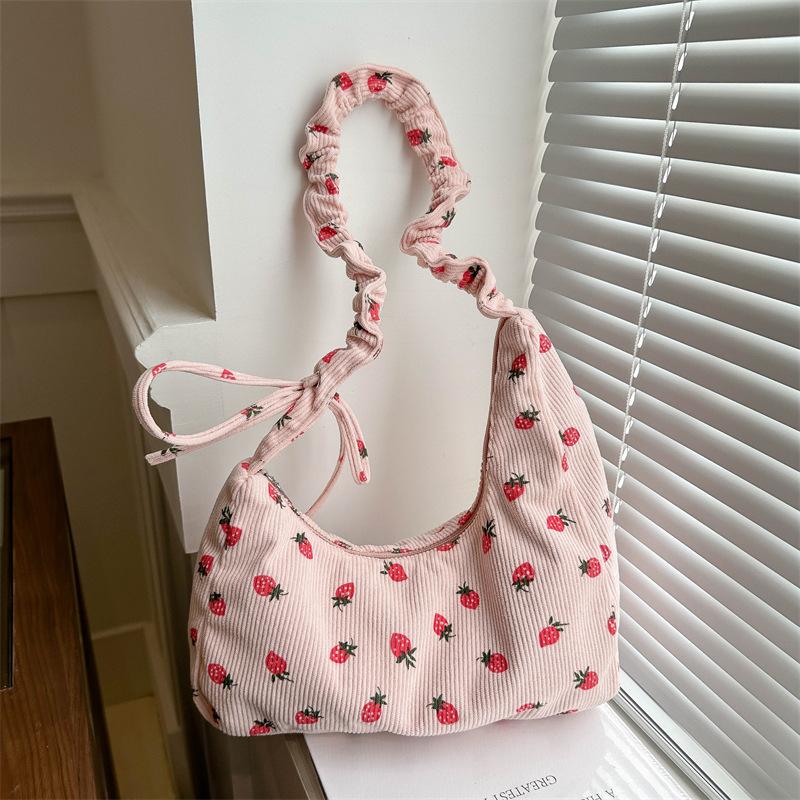 Niche design bag women's 2025 summer new corduroy strawberry printing high value single shoulder underarm dumpling bag