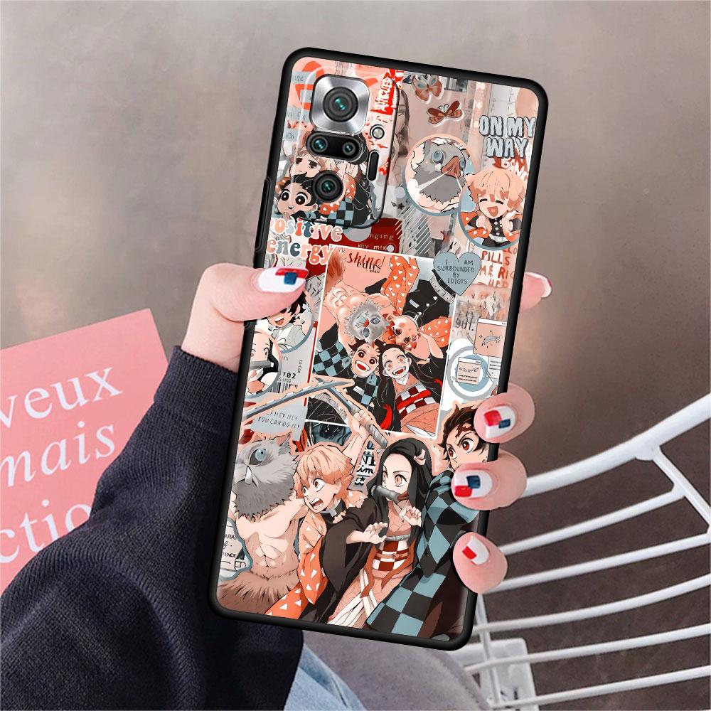 Luxury Black Phone Case For Xiaomi Redmi Note 11 10 9 8 7 Pro 9S 9A 9C 10s 8T K40 10C 10S Funda Cover Kimetsu Yaiba Demon Slayer