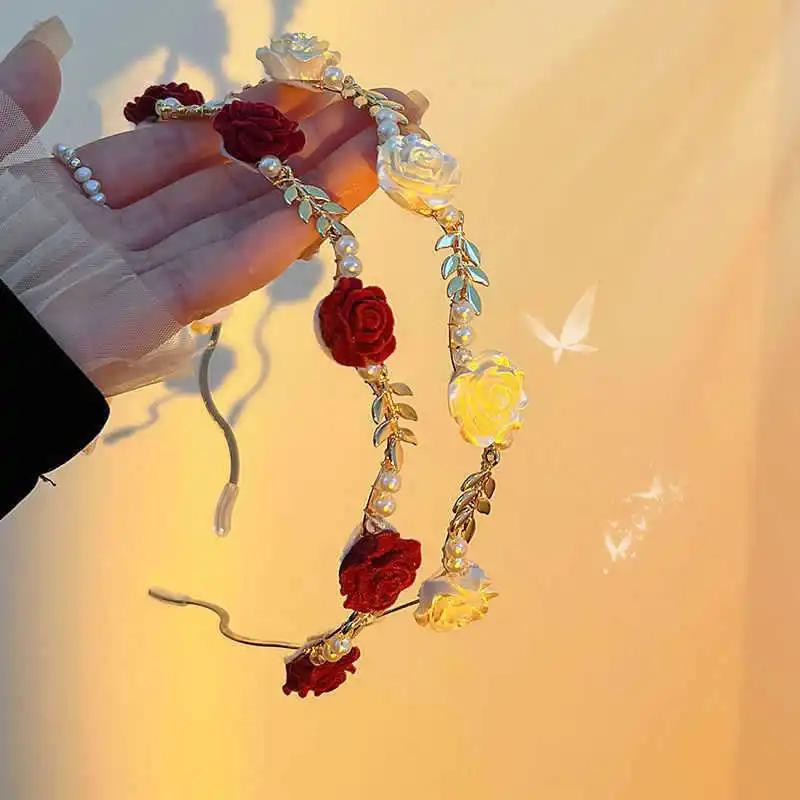 New Rose Pearl Headband for Women High-end Hairpin Sweet Temperament Metal Hair Band Headdress Girl Hair Accessories