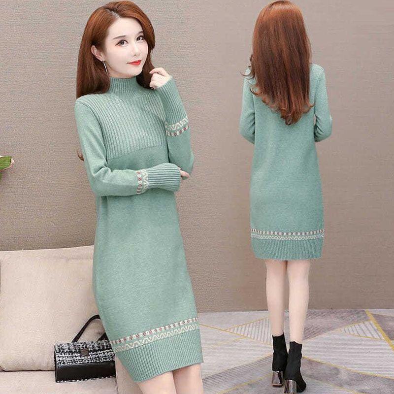 

Mid-length Knitted Sweater for Women s Autumn and Winter Casual Half Turtleneck Sweater Dress Loose Long-sleeved Pullover M зелёный