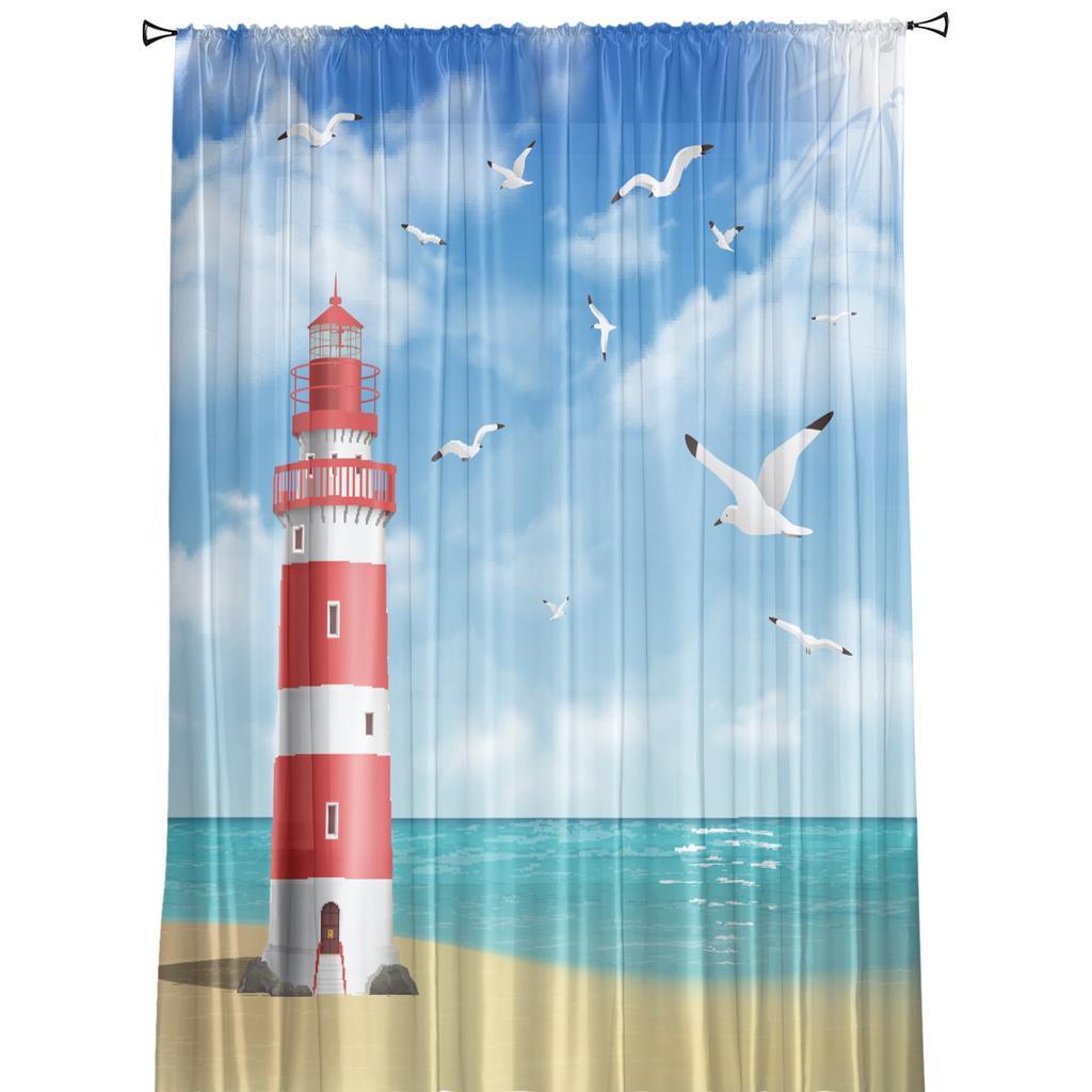 Lighthouse Beach Seagull Sheer Curtains for Living Room Decoration Window Curtains for Kitchen Tulle Voile Organza Curtains