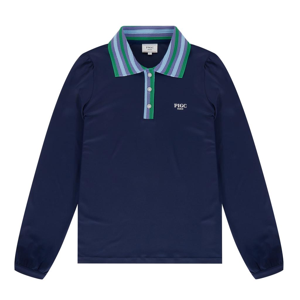 PIGC Women'S Striped Collared Long Sleeve Puff T-Shirt Navy (Sw0Dks10449)