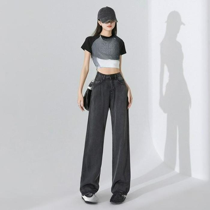 

Летние Прохладные и Тонкие 100% Tencel Lyocell Джинсы Клеш Женские Тонкие Драпирующиеся Свободные Ледяной Шелк Прямые Брюки XS серый