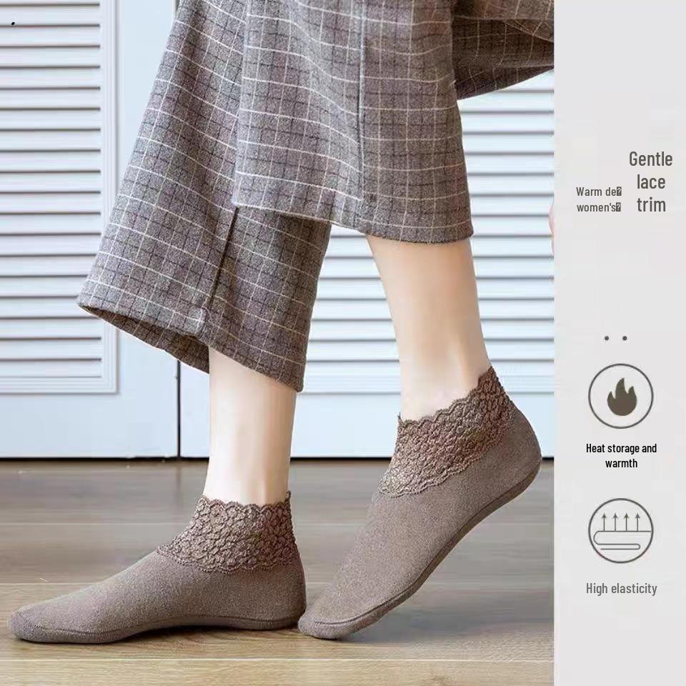 Warme Wadenlange Damensocken mit Spitzenbesatz - Dick, Kältebeständig, Rutschfestes Silikon, Bequeme Herbst-/Winter-Haussocken für den Boden