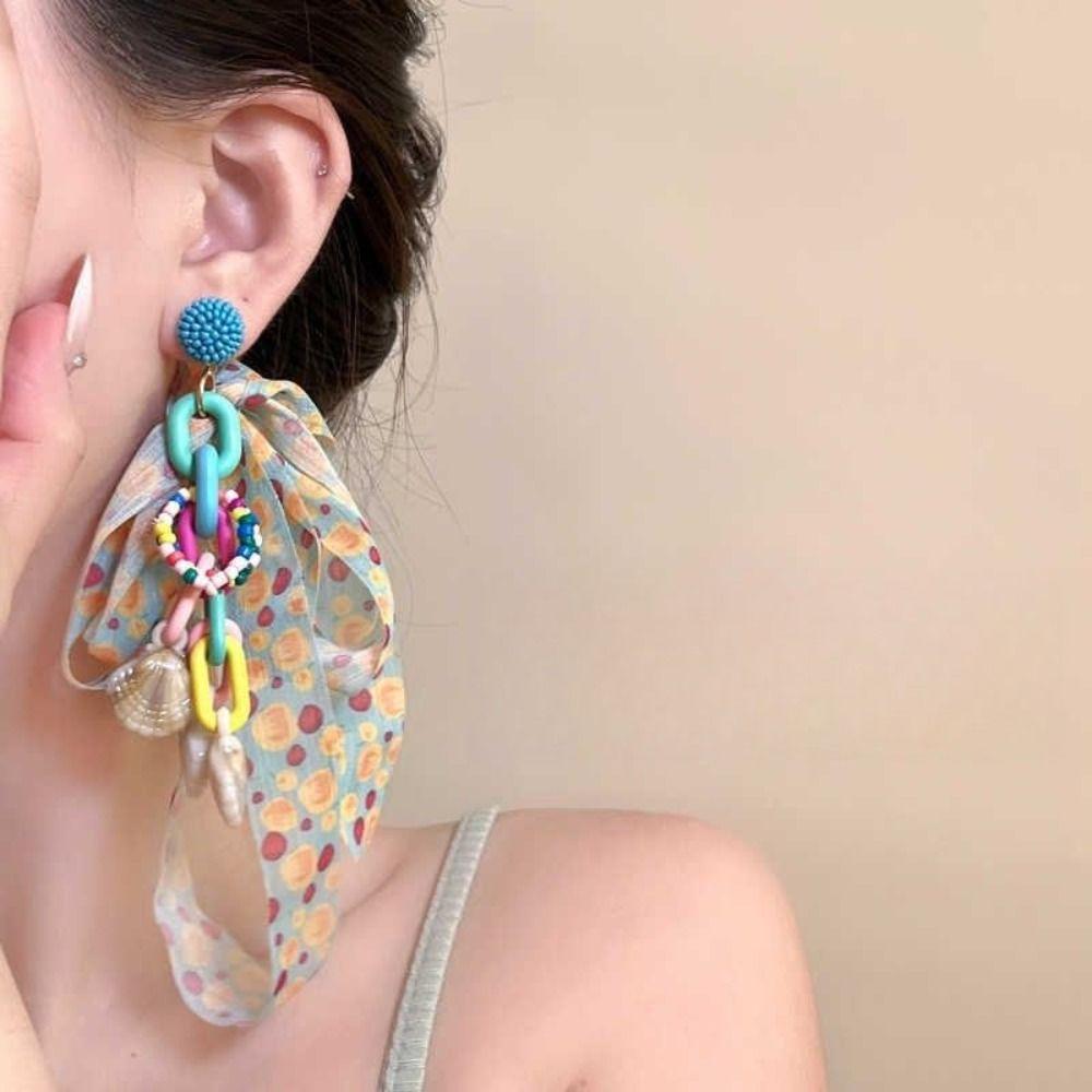 Cloth Fabric Flower Tassel Earrings Ear Jewelry Shell Earrings Fashion Tassel Earrings  Party