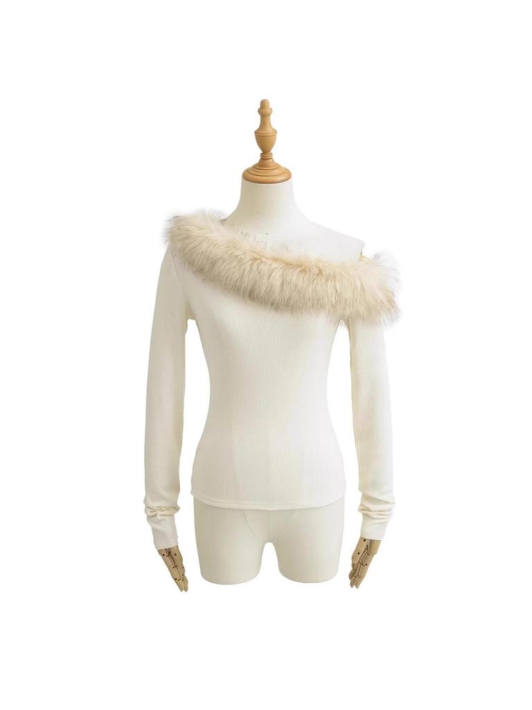 Pure Desire One-Shoulder Faux Fur Collar Patchwork Long Sleeve Women's Autumn Top