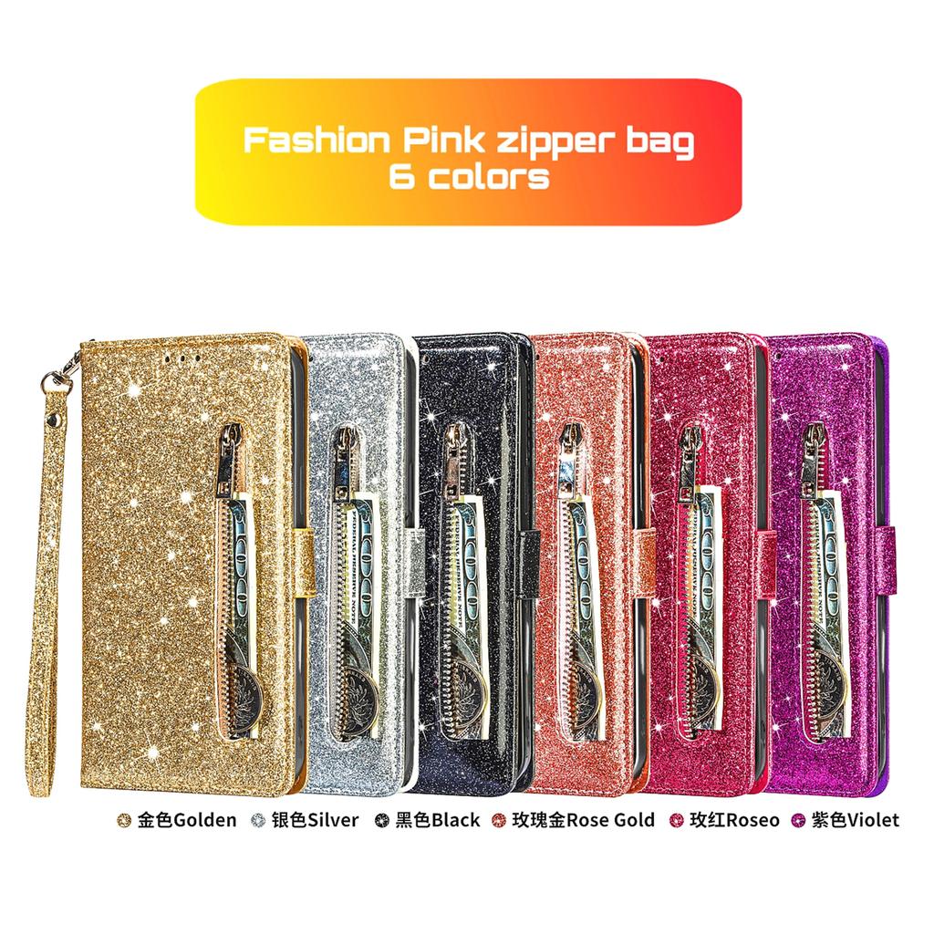 Reißverschluss Glitzer Leder Hülle für iPhone 17 Air 16 16E 15 14 13 12 11 Pro Max XS Max XR 8 7 Plus SE Flip Bling Geldbörse Handyhülle