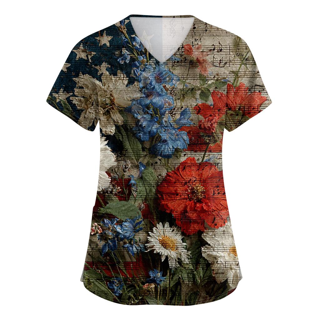 Damen Kurzarm Unabhängigkeitstag Aufdruck V-Ausschnitt Tasche Arbeitskleidung Oberteil