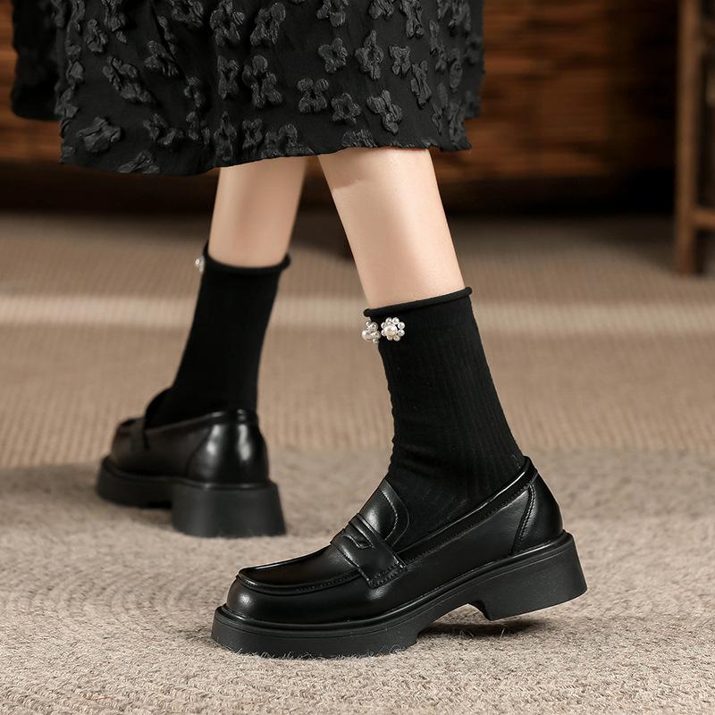 Sheepskin~~ Soft-soled loafers for women's British style 2025 spring and autumn models thick-heeled single shoes thick-soled one-pedal jk small leath