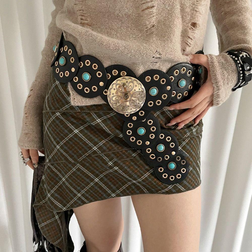 Metal Hollow Out Belts Wide Metal Buckle Belts Casual Round Buckle Belts  Waist Accessories