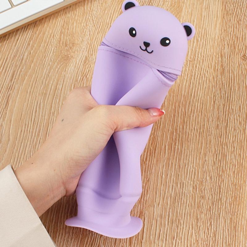 Large Capacity Pencil Case Cartoon Bear Pencil Box with Suction Cup Silicone Pen Bag for Students Teens Girls Boys