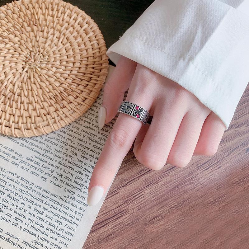 Exaggerated Personality Poker Design Shiny Crystal Retro Thai Silver Ladies Ring for Women Christmas Gifts No Fade