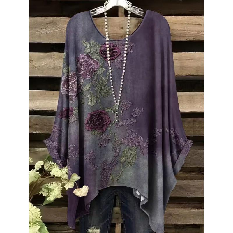 Lady's elegant floral print T-shirt, loose fit, round neck short sleeves, machine washable, casual and comfortable top