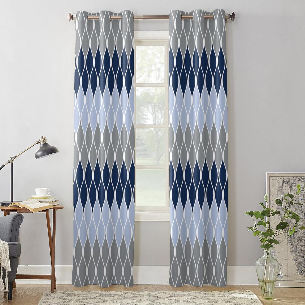 Geometric Blue Grey Medieval Print Window Curtains for Living Room Kitchen Curtain with Valance Kids Room Home Decor