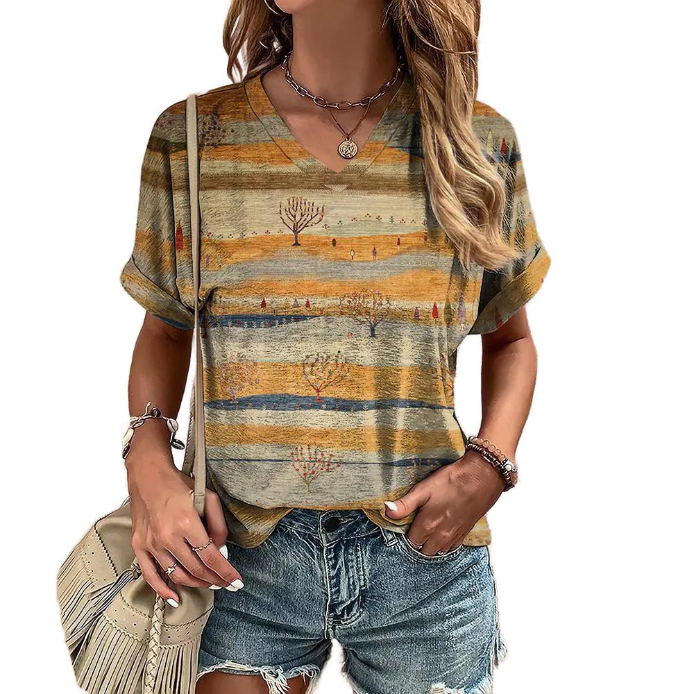 

Женская футболка в стиле ретро, летняя футболка с коротким рукавом и V-образным вырезом, повседневная футболка с принтом в полоску в стиле Харадзюку для женщин, уличный стиль, пуловер, топы XL