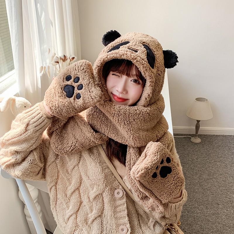 

Korean-Style Women s Winter Panda Hat, Scarf & Gloves Set - Cute & Warm Accessories