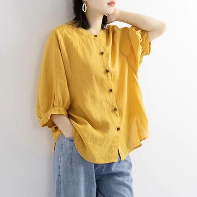 Women's Summer Literary Vintage Cotton Linen Shirt Solid Color Loose Medium Sleeve Tops