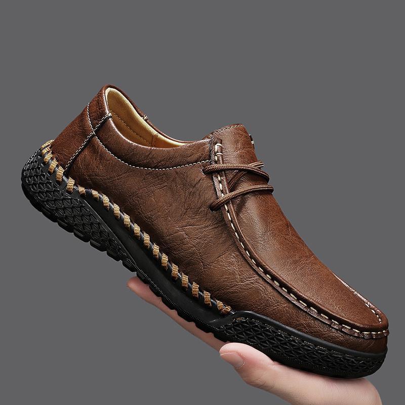 Men's Hand-Stitched Leather Casual Shoes - Four Seasons, Low-Top, Large Size, Outdoor Hiking Style