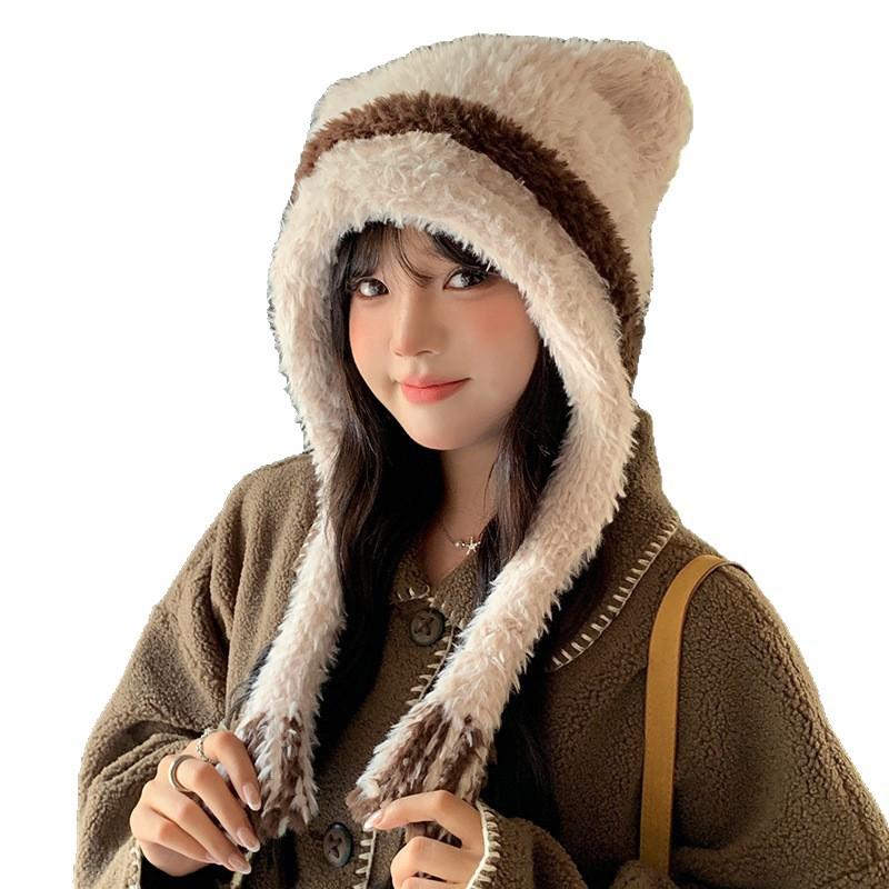 Bear Ears Plush Cute Hat Women's Autumn and Winter Thickened Warm Knitted Hat Cycling Coldproof Ear Protection Lei Feng Hat Trendy