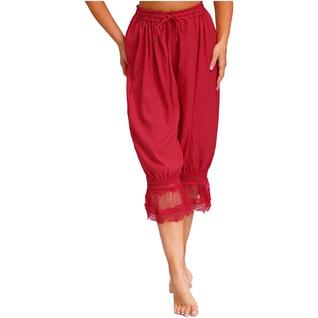 S-L Women's Lace Trim Bloomers: Versatile Midi Harem Pants with Drawstring, Loose Wear & Medieval Pirate Costume