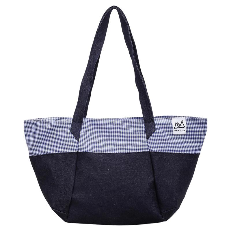 

Large Capacity Tote Bag Plaid Handbag Student Class Shoulder Bag синій