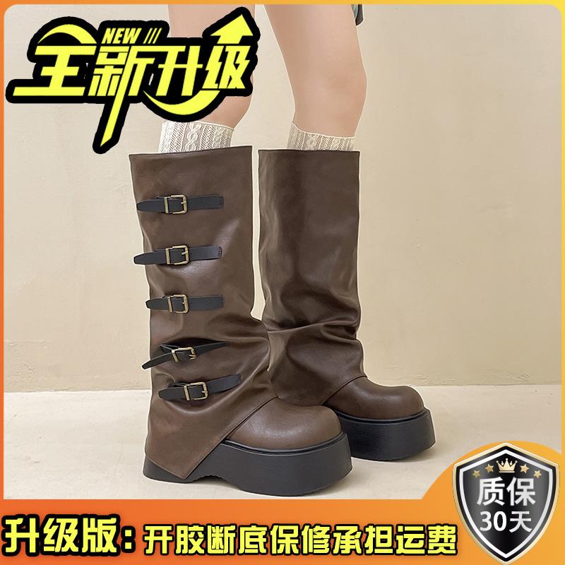 Vintage European and American versatile belt buckle pleated women's stacking boots autumn and winter thick-soled sleeve fashion boots thick-heeled le