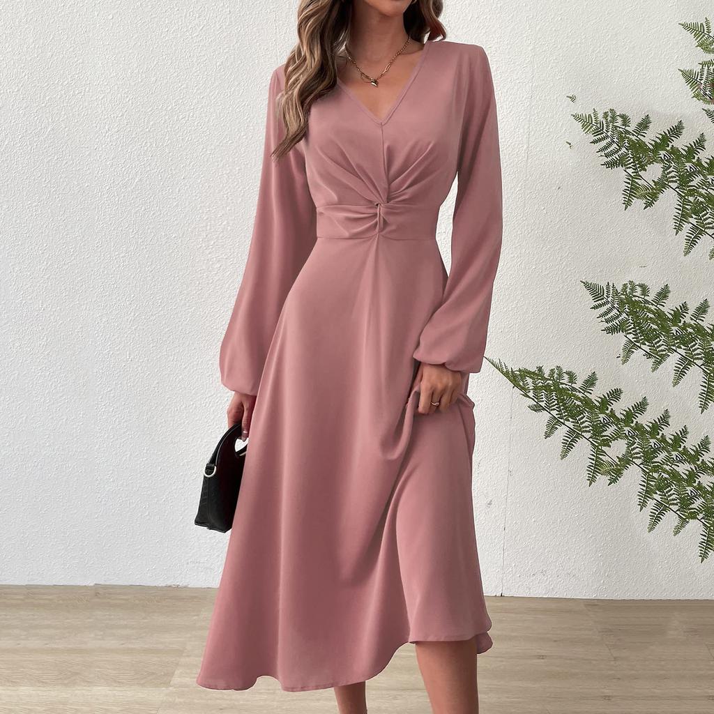 Women's Fashion Casual Solid Color V-neck Twisted Long-sleeve Dress