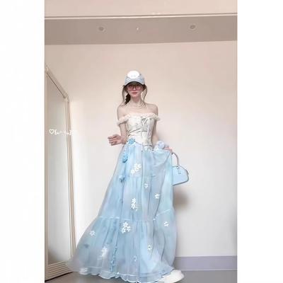 Summer New Waist Lace-up Design One-word Shoulder Top with Fairy Mesh Skirt Long Two-piece Set