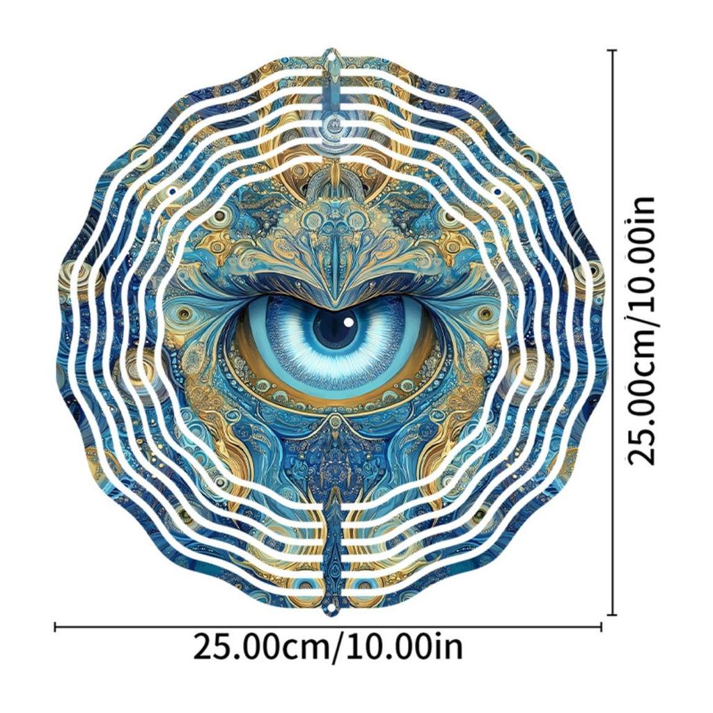 Eye Themed Metal Wind Spinner Outdoor Garden Decor Blue and Golden Circular Design Indoor Hanging Ornament No Power Needed for All Seasons
