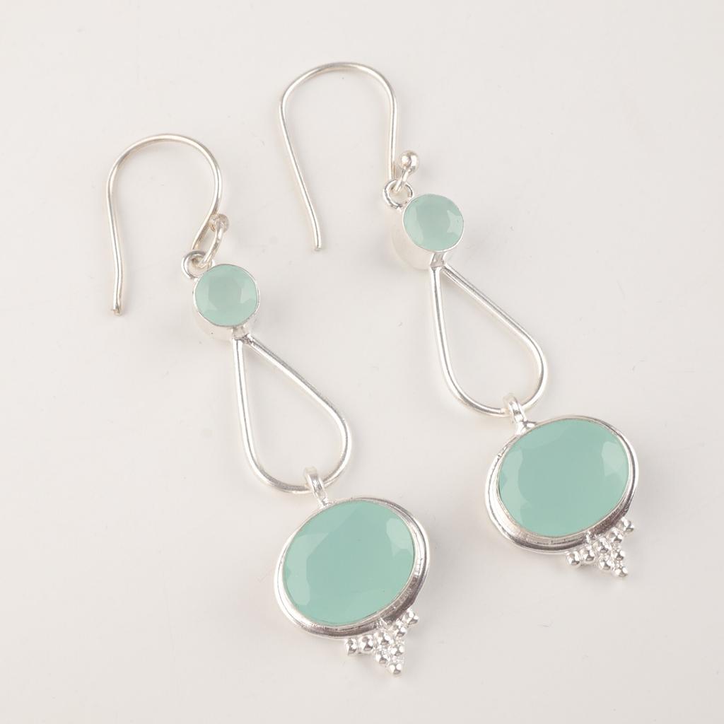925 Sterling Silver Aqua Chalcedony Gemstone Handcrafted Jewelry Earrings 2.50" EE-132-16