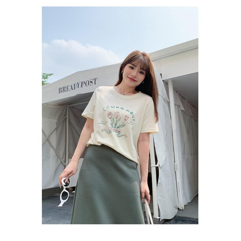 Sweet Tulip Printed Short-sleeved T-shirt Plus Size Women's Round Neck Loose