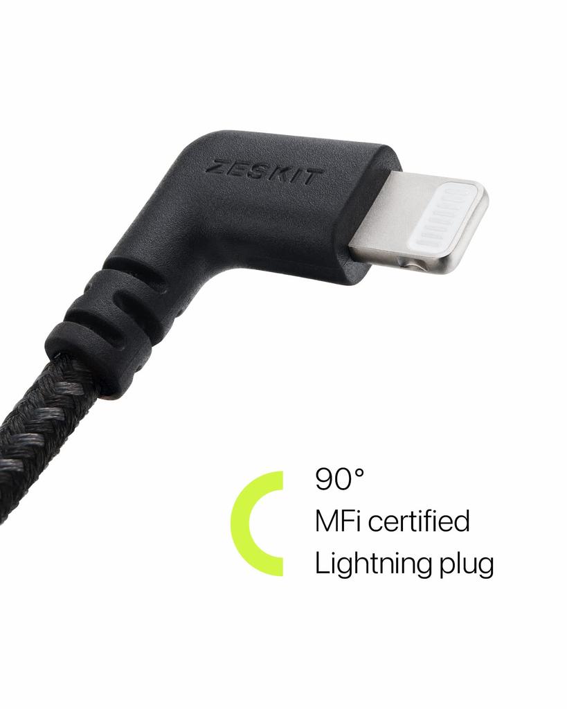 Zeskit MFi Certified Lightning to USB C Right 10cm Braided Cable, Angle,