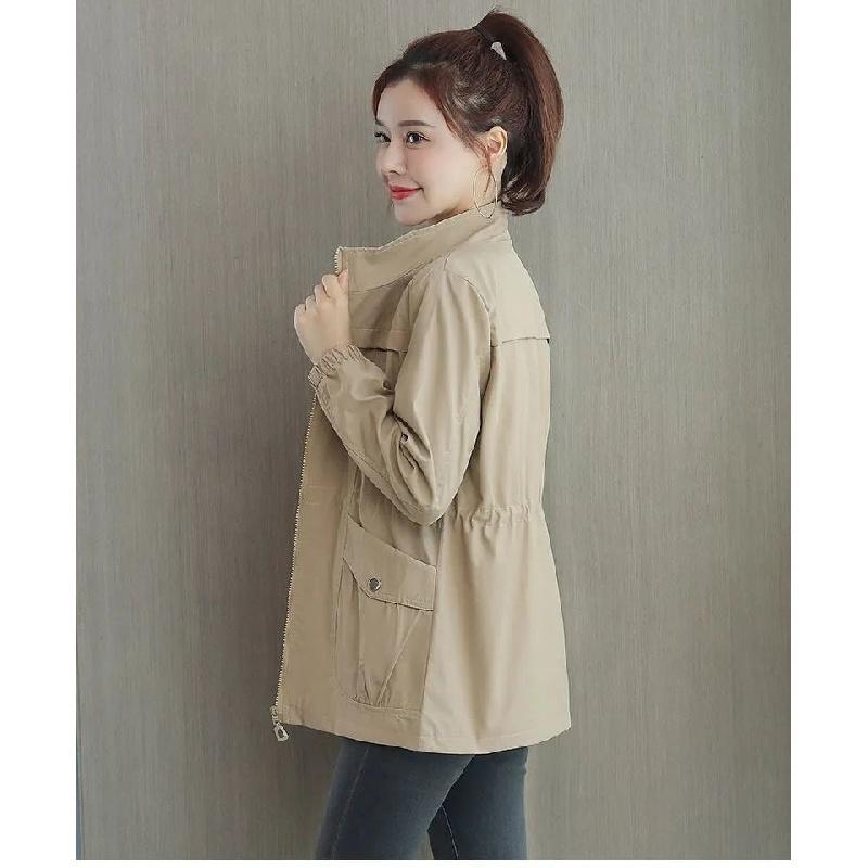 2026 New Korean Style Slim-Fit Windbreaker for Women, Spring and Autumn Stand-Up Collar Solid Color Coat