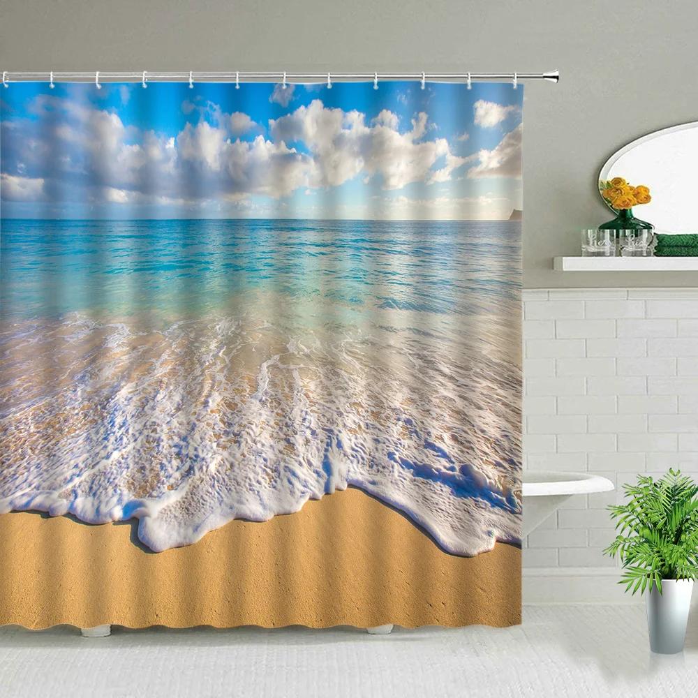 Palm Tree Ocean Scenery Shower Curtains Beach Sea Landscape Waterproof Polyester Fabric Bathroom Decor Bath Curtain with Hooks