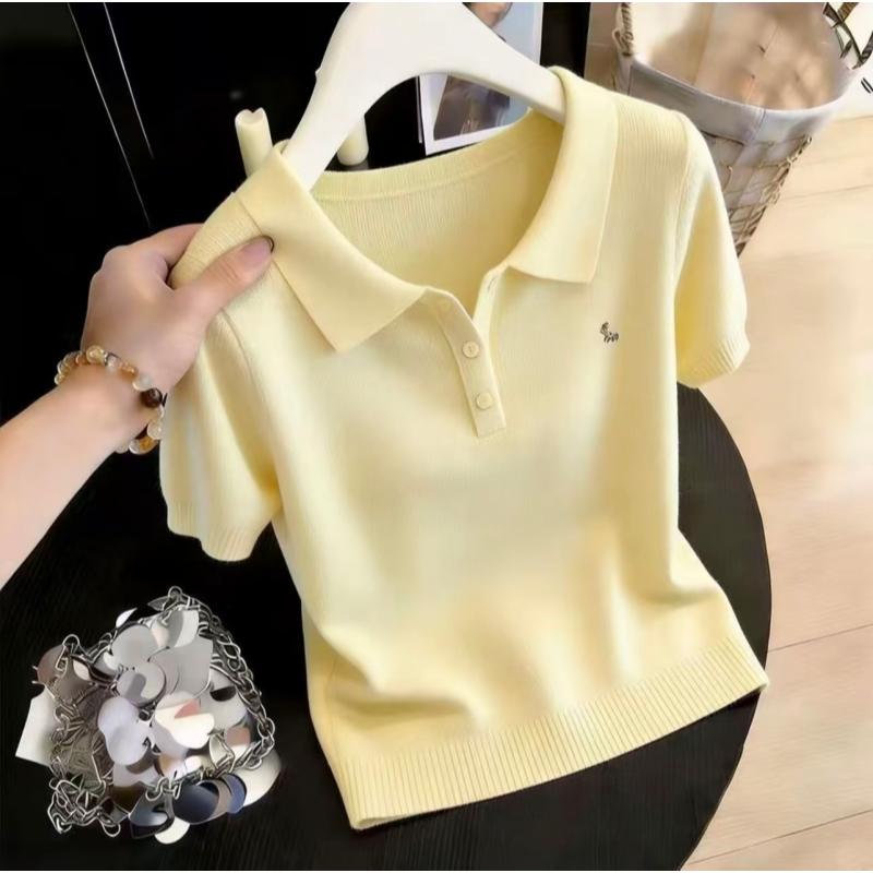 Summer New Style Women's Sweet Style Polo-neck Short-sleeved T-shirt Knitted Top