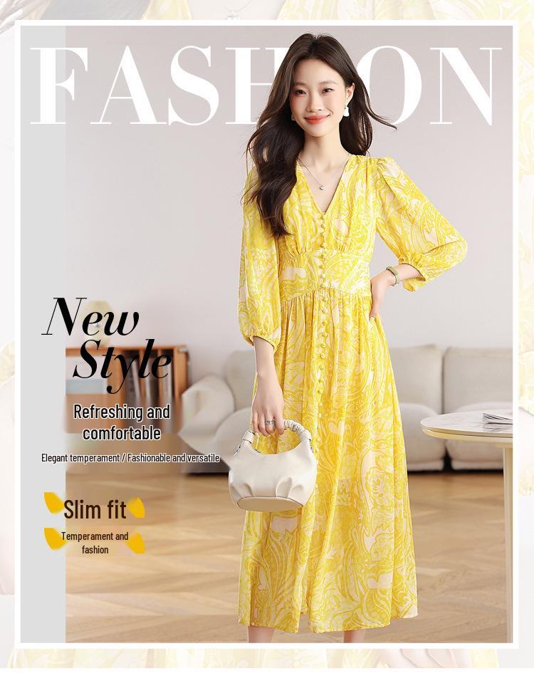 V-Neck Yellow Floral Tencel Chiffon Dress for Beach Vacation