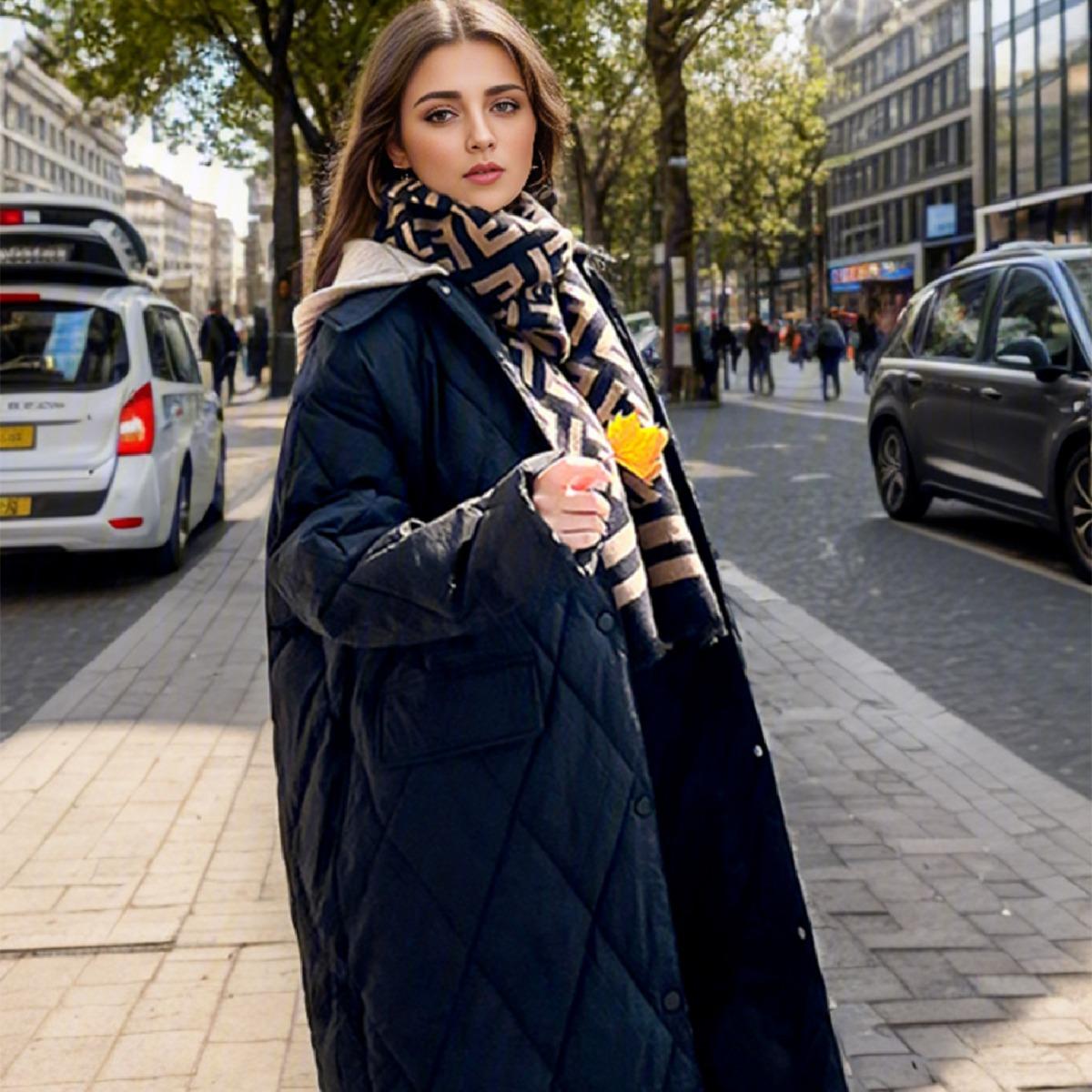 

Зимняя женская длинная хлопковая куртка 2024 года, женская трикотажная куртка с капюшоном, однотонная, с 2 карманами, парки, пальто, женские куртки с ромбовидным узором L