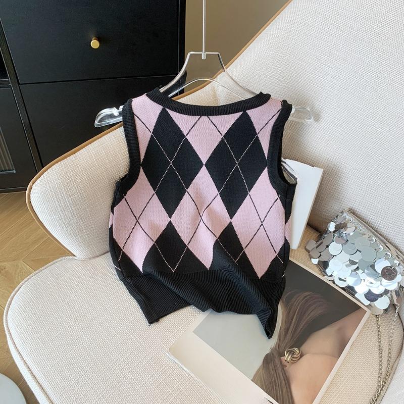 Autumn Fashion Casual Argyle Knitted Sweater Vest Women Winter Retro Sleeveless Pullover Sweater Women Waistcoat  Round Neck Knitwear Vests 24821