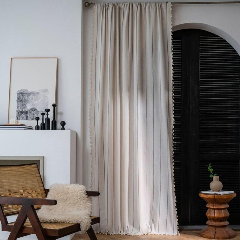 American Style Cotton Linen Black Stripe Yarn-dyed Simple Tassels Window Curtain Blackout Valance Luxury Living Room Curtains