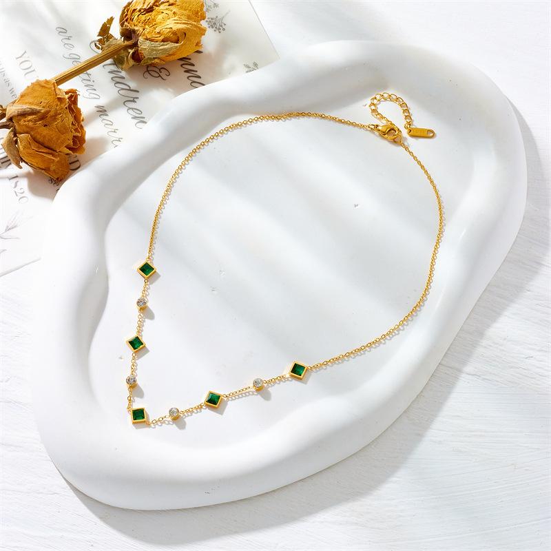 Gold Plated Stainless Steel Alternate Square Emerald & Round CZ Choker Necklace