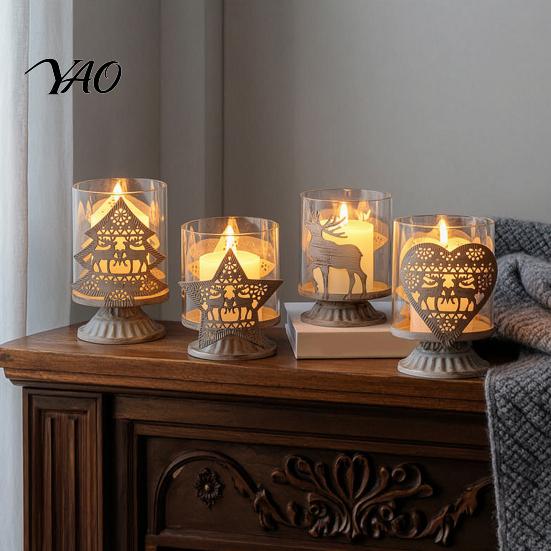 Boutique Shop Display 2Pcs Christmas Hollow Metal Candle Holder, Vintage Tabletop Tealight Lantern, Xmas Seasonal Atmosphere Light Elk, Tree,