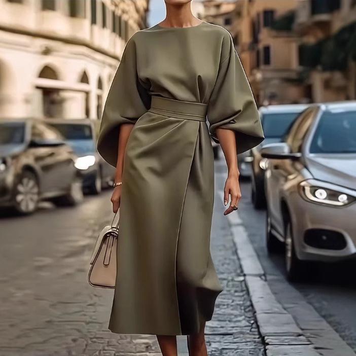 Women Elegant Belted Maxi Dress Batwing Sleeve Round Neck Split Solid Color Formal Party Long Gown